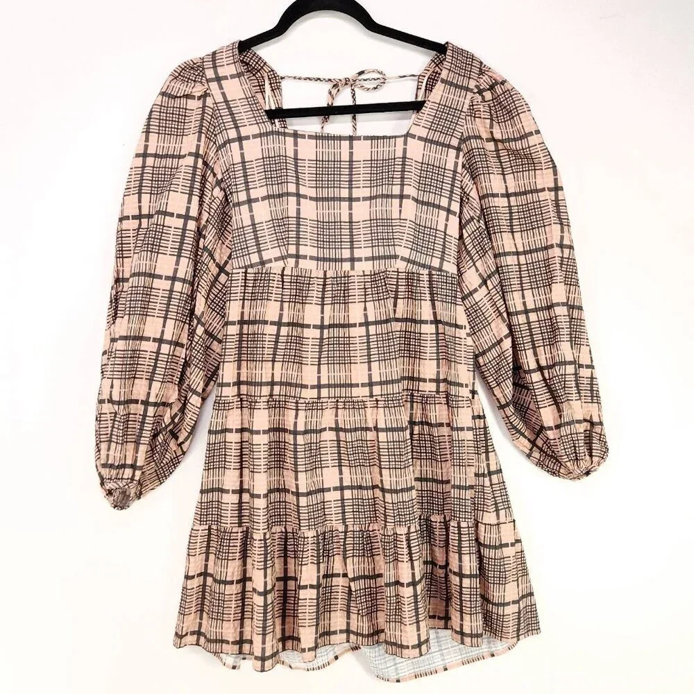 Topshop Babydoll Mini Dress Balloon Long Sleeve Size 4 Boho Gingham Brown - Picture 2 of 15